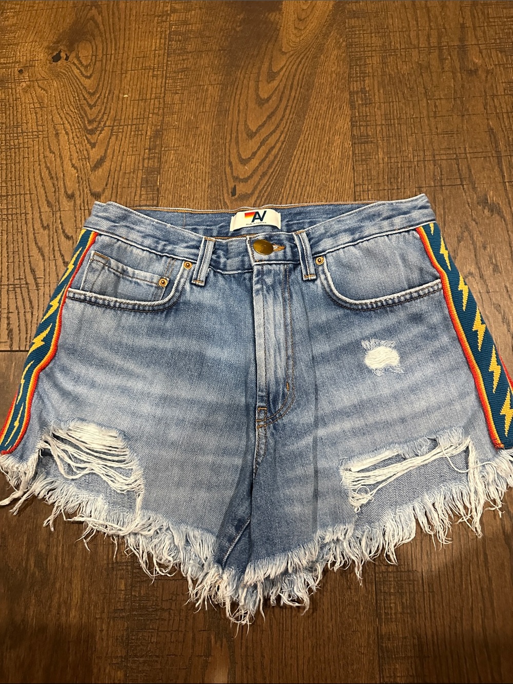 Aviator Nation Distressed Light Blue Denim Shorts-27